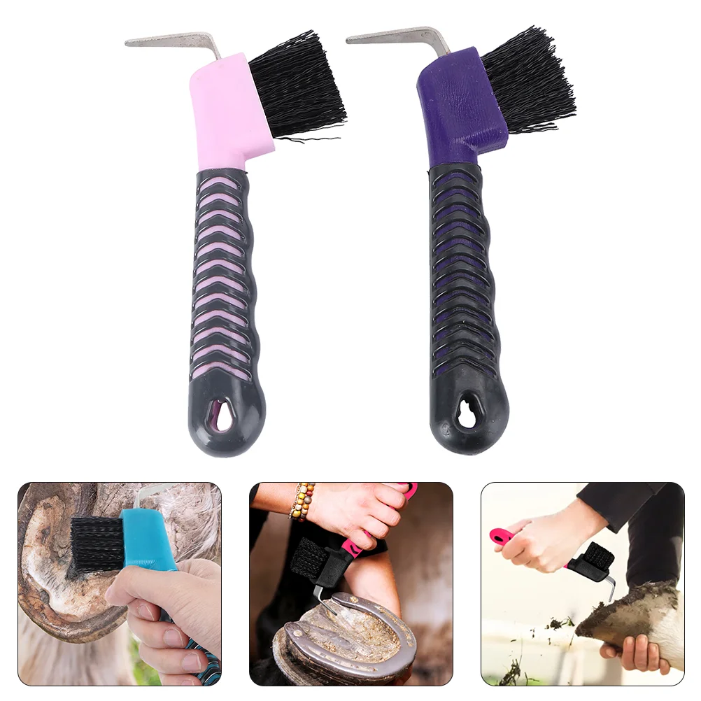 

2 Pcs Horseshoe Brush Handle Grooming Hair Cleaning Hoof Pick with Supple Grip Picks Supplies Portable Tool