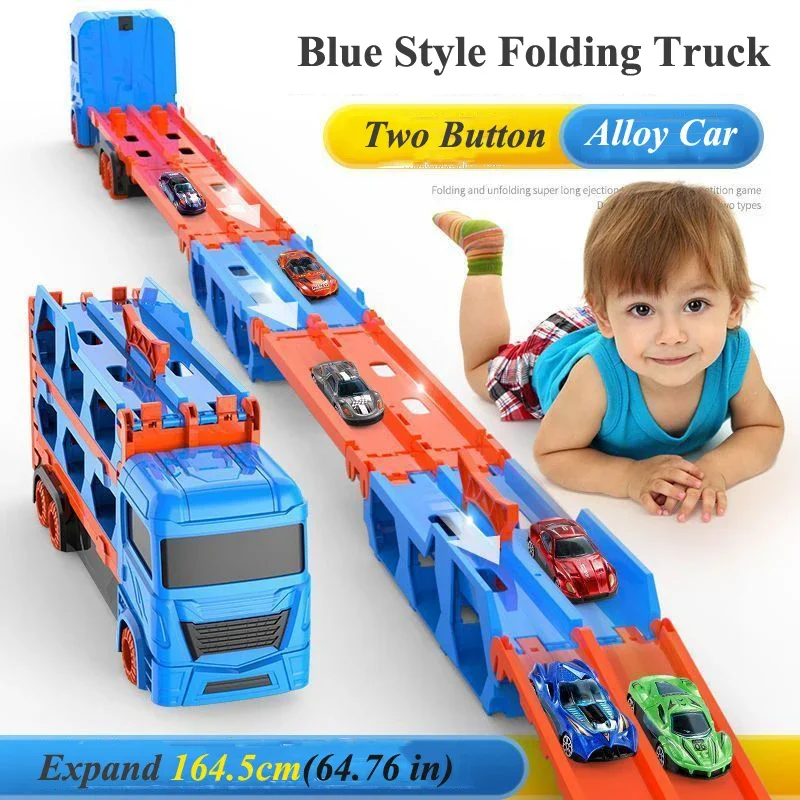 Caminhão Transportador de Carros Grande com Pista Dobrável para Veículos de Corrida, Brinquedo Infantil de Liga Metálica para Jogos Competitivos, Presente Inovador para Meninos