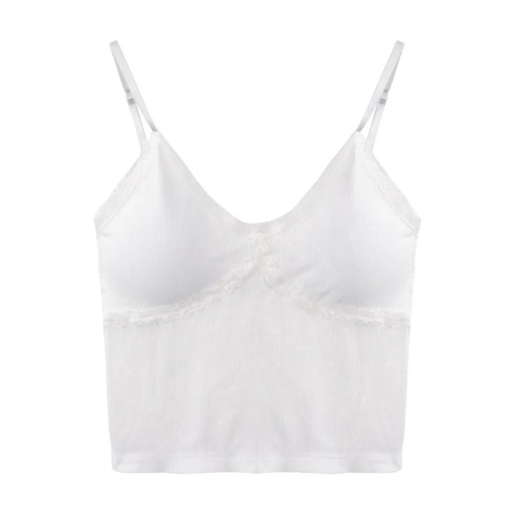 New Cotton Lace Camisole Breathable Lace Trim Crop Top Solid Color Push Up Bra