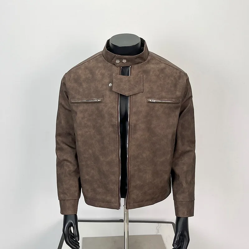 

Ретро американский повседневный коричневый кожаный джет, мужское байкерское пальто с подкладкой и воротником-стойкой, молодежное зимнее пальто Vitali Sle