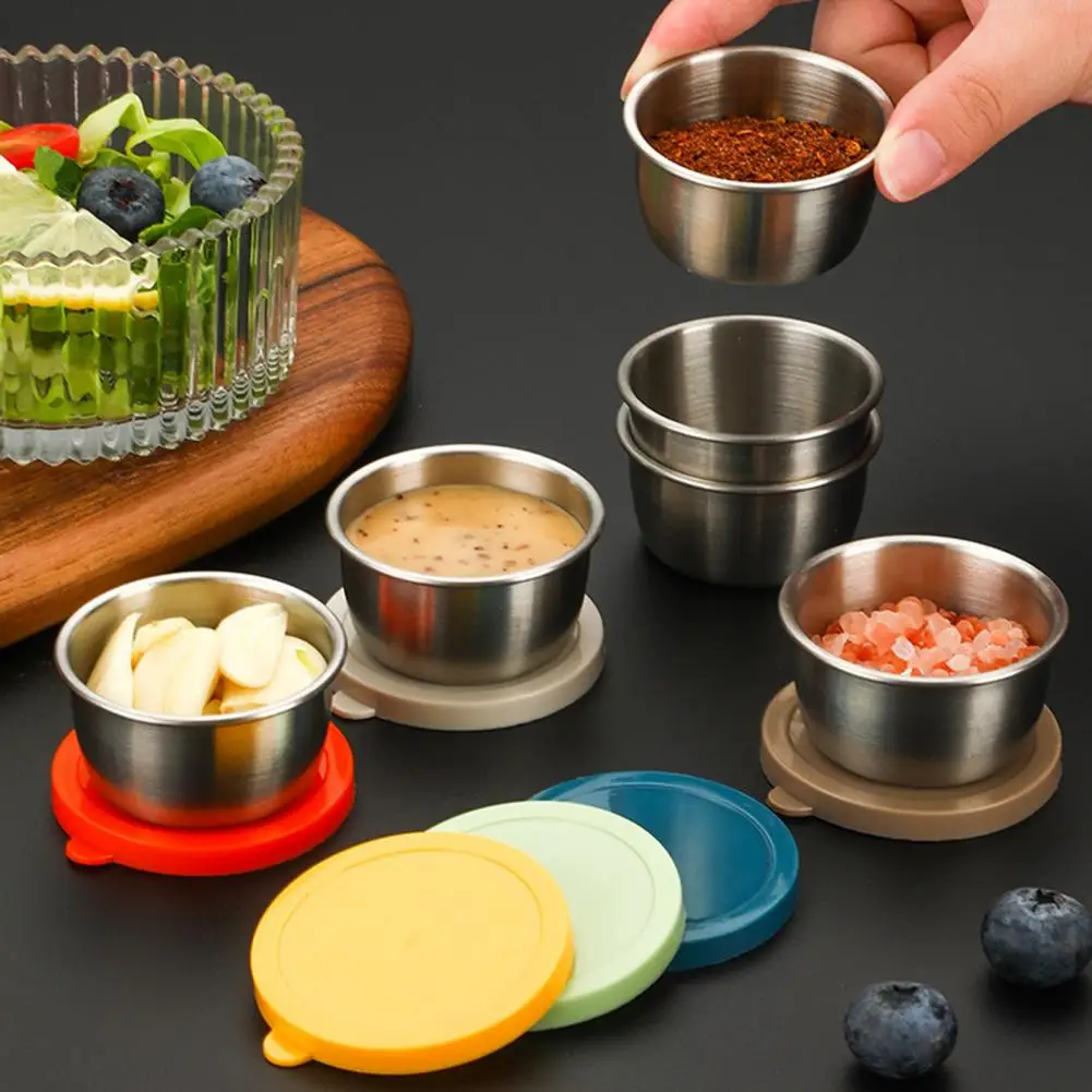 Colorful Silicone Sauce Cup 6pcs Stainless Steel Sauce Cups with Leak-proof Colorful Lids Easy Open 40ml Salad Dressing