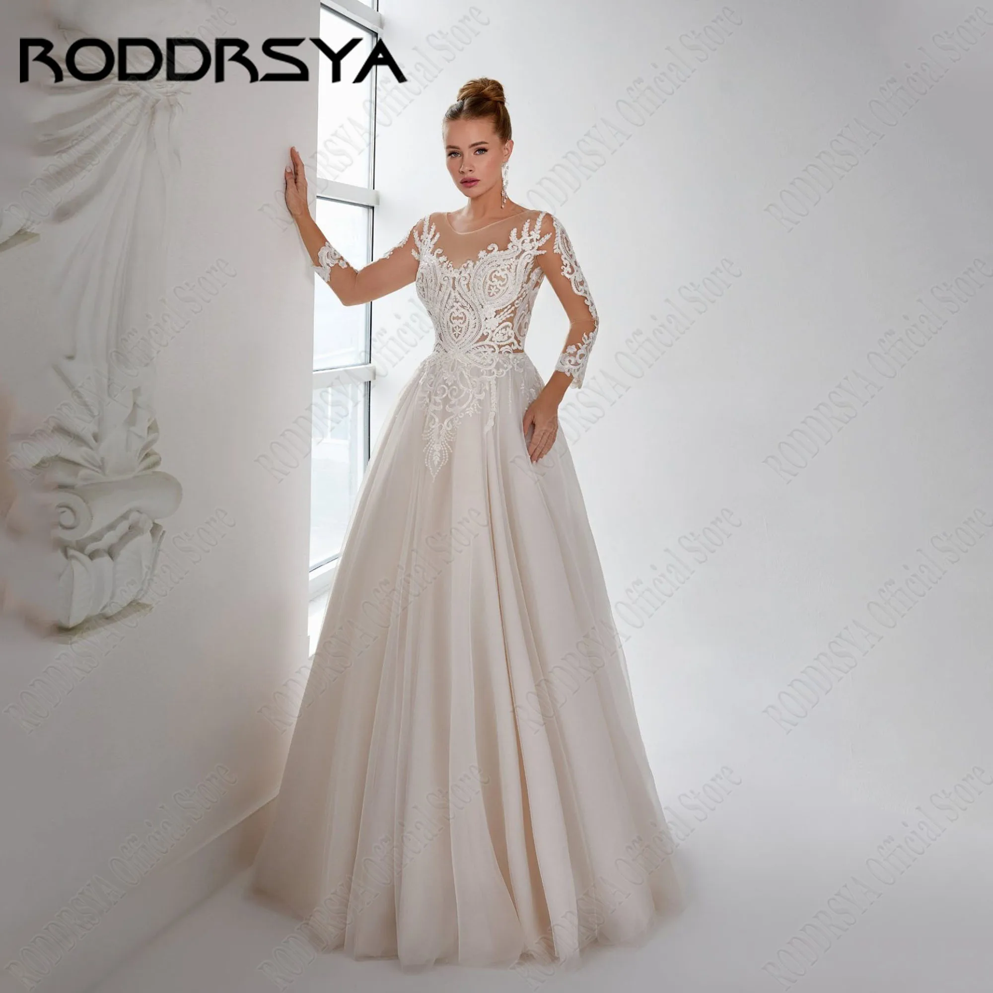 

RODDRSYA Customized Wedding Dress For Bride Luxury Long Sleeves Scoop Neck A-Line Lace Applique Robe De Mariee Bridal Gown