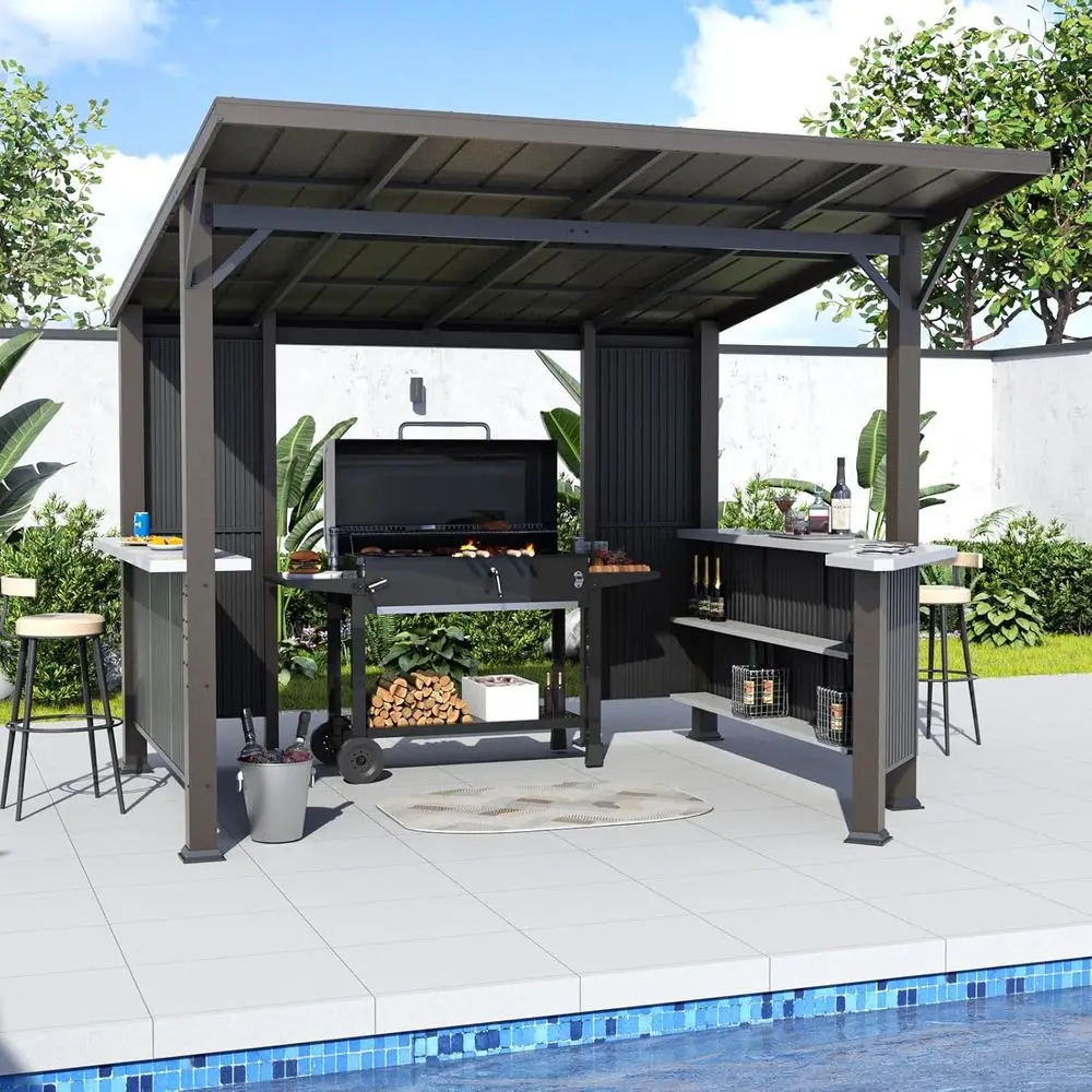 

10'x 10' Hardtop Grill Gazebo, Outdoor BBQ Gazebo with Storage Shelves and Expansion Platorm, Permanent Galvanized Steel Lean to