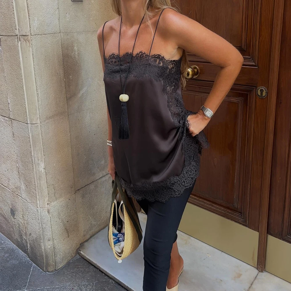قميص قصير كلاسيكي مثير من الدانتيل والساتان مُزين بالزهور للنساء بوهو y2k قطع علوية أنيقة للشاطئ بدون أكمام وظهر مكشوف
