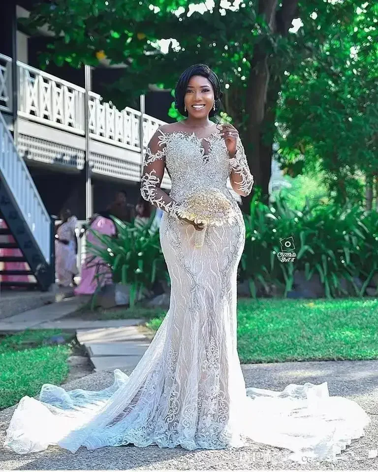

Customized Luxurious Lace Beaded African Mermaid Sheer Neck Bridal Dresses Long Sleeves Vintage Sexy Wedding Gowns