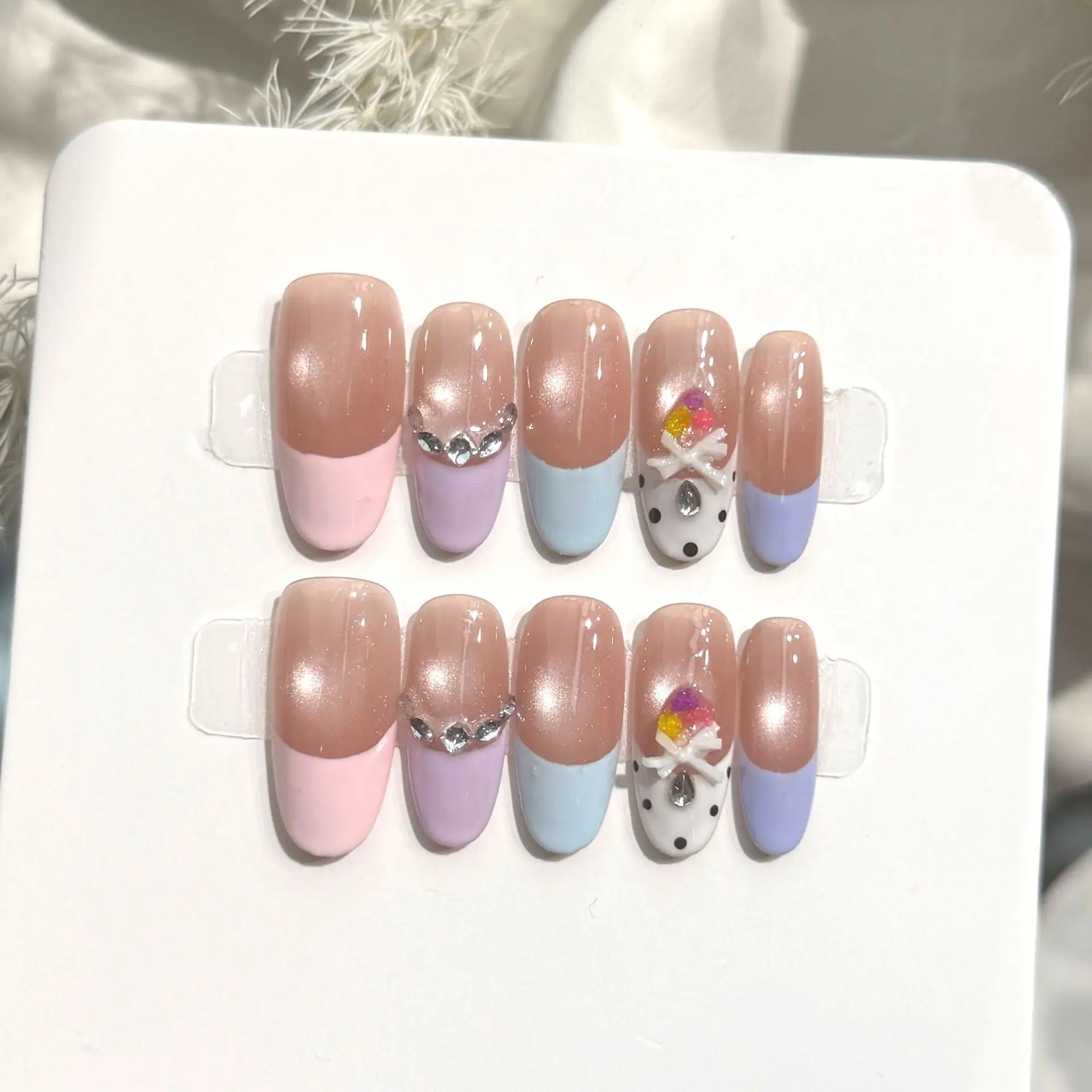 10Pcs Handmade Candy Macaron French Press on Nails Honey Iridescent Bow Rhinestone With 4-PIECE Tools  Super-Strong Nail