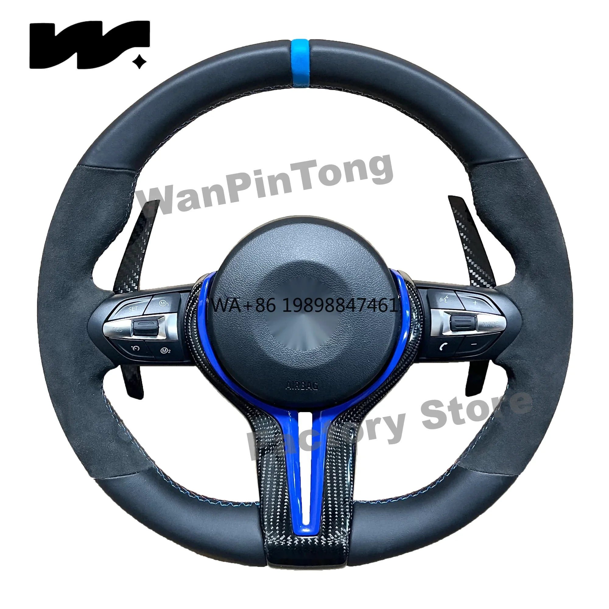 

Custom Style Blue Alcantara Nappa Leather Steering Wheel with Carbon Fiber Cover Plate Paddle Shifts Compatible with BMW Models
