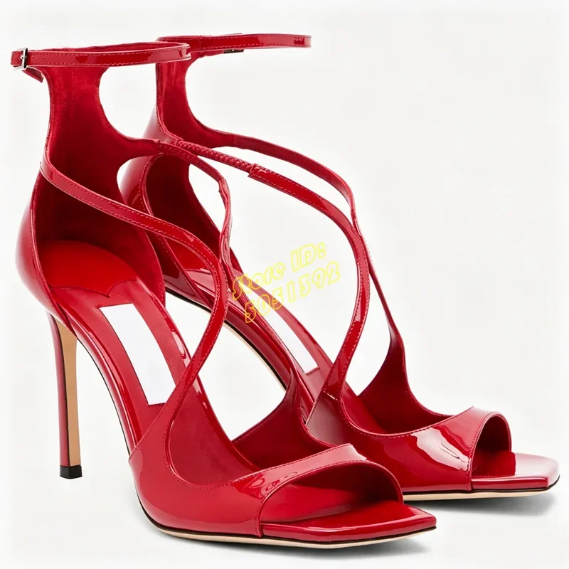 Red Glossy Patent Leather High Heel Sandals Square Toe Cross Strap Ankle Buckle Strap Handmade Runway 2026 Summer Spring Shoes - view 2