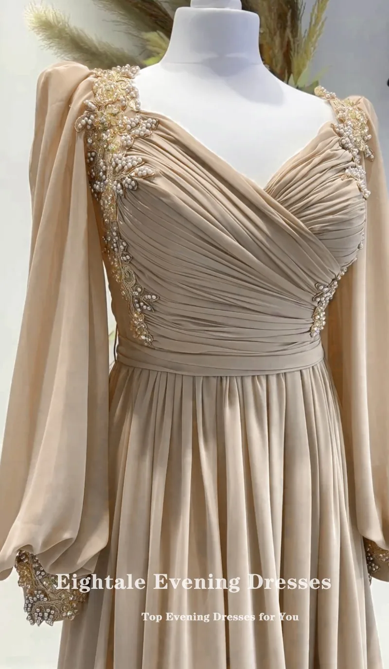 Eightale Champagne Avondjurken V-Hals Chiffon Lange Mouwen Appliques Kralen Prom Party Jurk Afstuderen Ballkleider Abiye