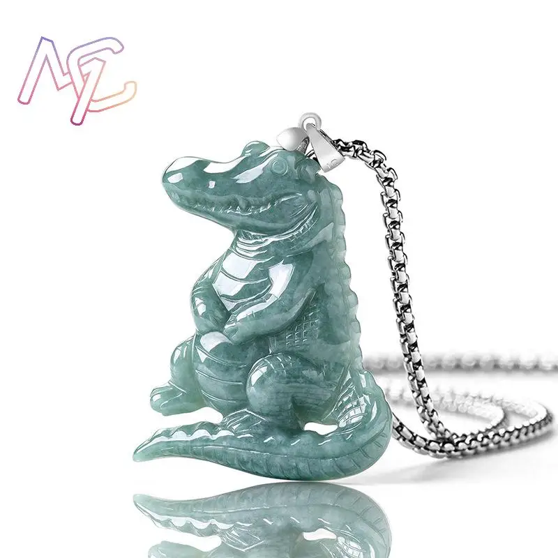 Grade A Natural Myanmar Jadeite Crocodile Pendant Necklace Real Jade Charm 925 Silver Carved Amulet Talismans Gifts for Women