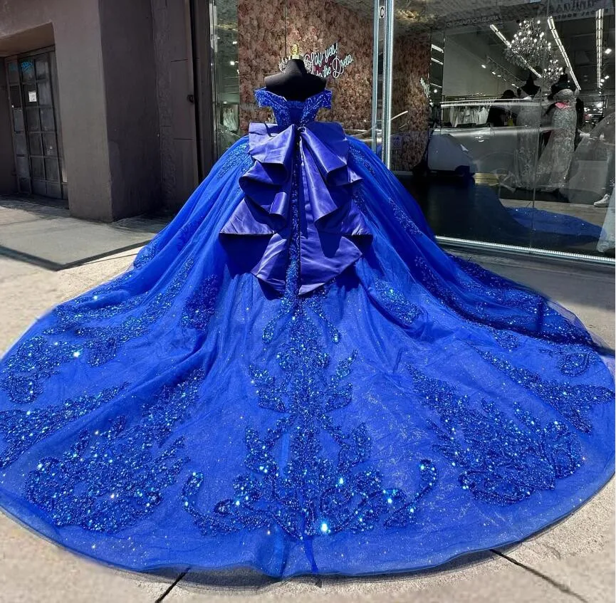 Royal Blue Princess Sparkly Quinceancera Dresses Off Shoulder Gillter Applique Corset vestidos de 15 años quinceañeras chapel