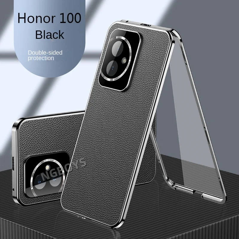 

360 Full Protection Metal Bumper Clear Front Glass Case for Honor 100 Honor100 5G with Back PU Leather Hard Cover Protector