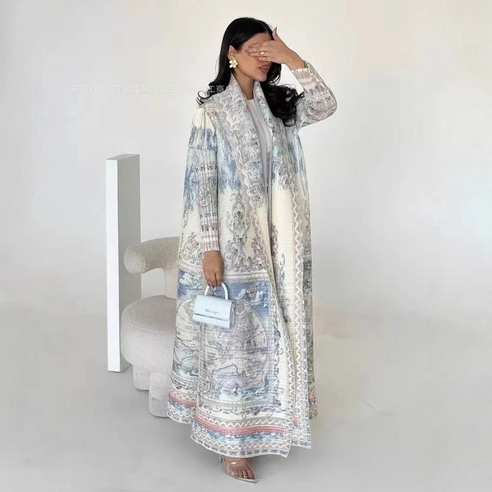 Miyake-gabardina estampada a la moda para mujer, cárdigan Premium con solapa en la cintura, cárdigan de manga larga, Chaqueta larga plisada