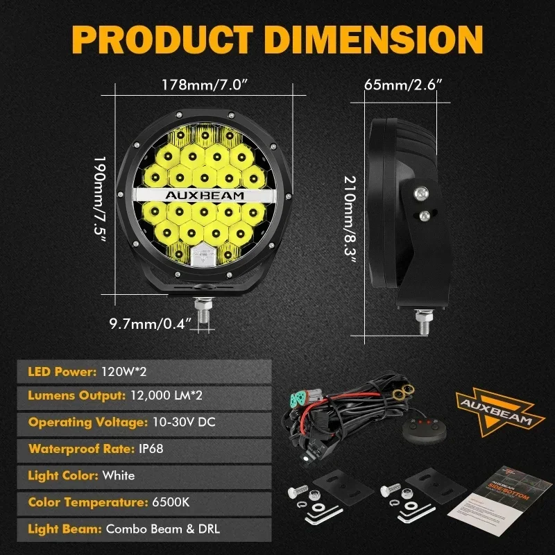 Auxbeam 240 واط 7 بوصة أضواء القيادة LED المساعدة المستديرة مع أضواء العمل DRL للطرق الوعرة SUV ATV UTV الشاحنات مصابيح قارب بيك اب