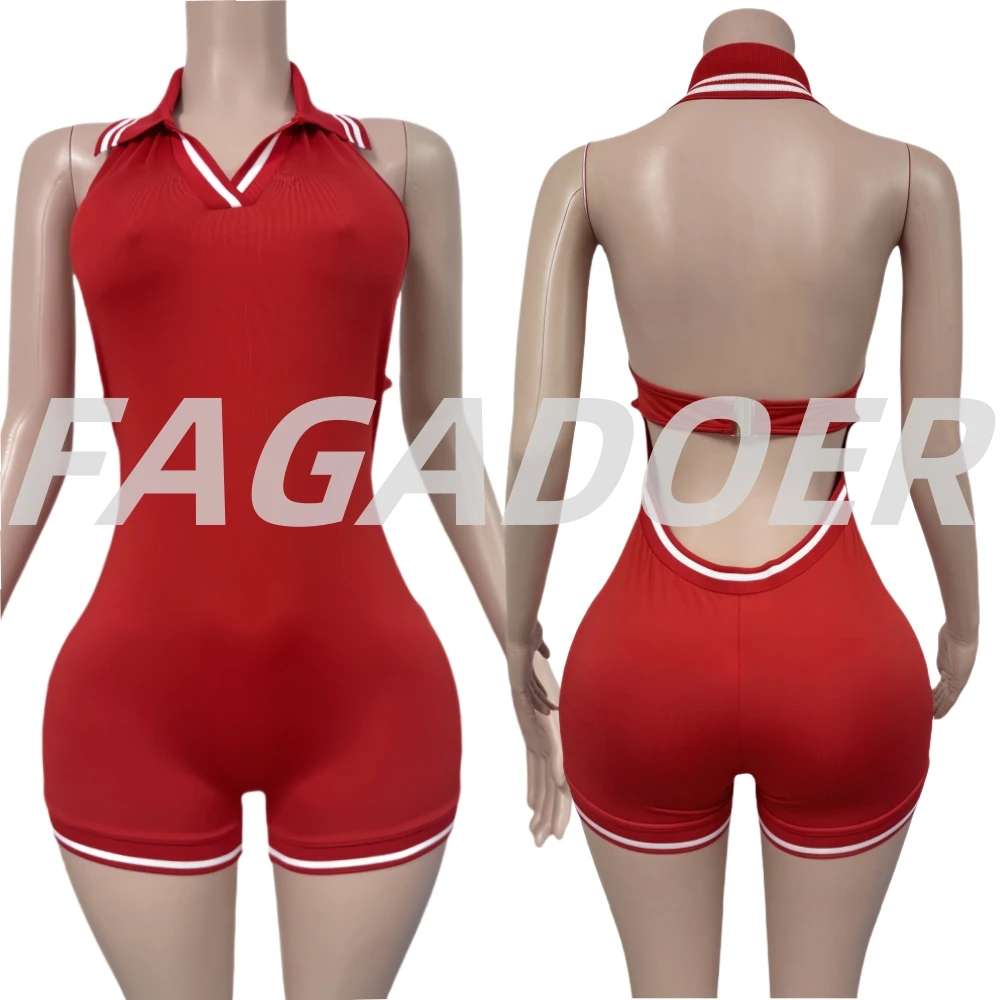 FAGADOER مثير Bodycon رومبير المرأة الصيف جديد أكمام الخامس الرقبة عارية الذراعين قطعة واحدة حللا الإناث الشارع الشهير وزرة 2025 جديد