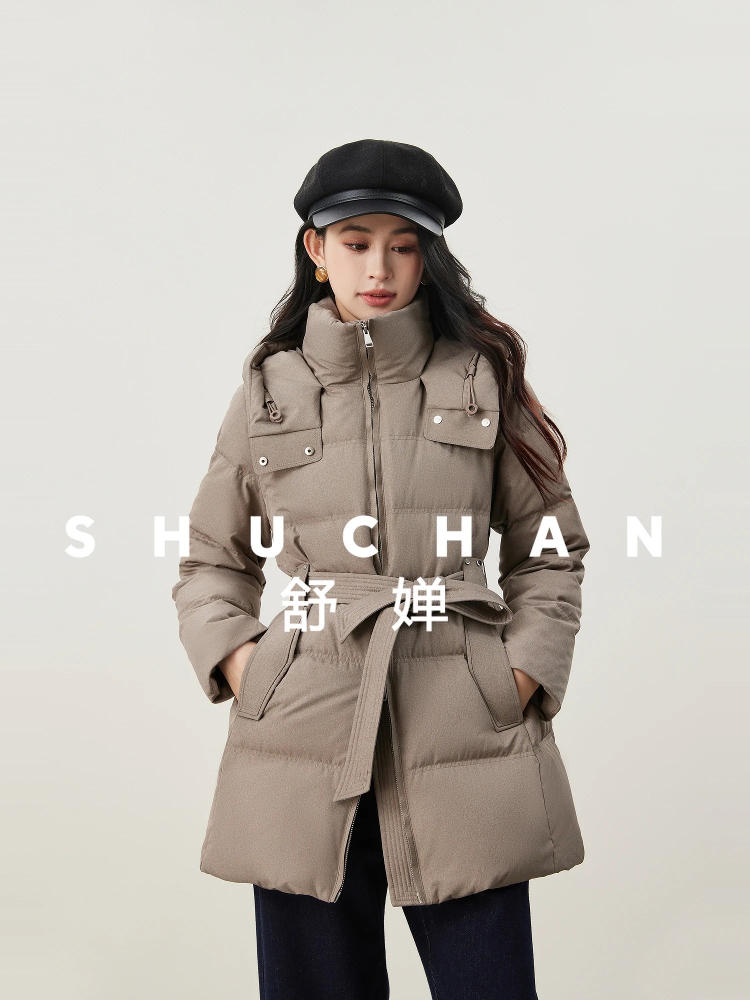 

High-luxury 90 White Goose Down, Removable Belt Double-layer Hooded Medium-length Down Jacket Women