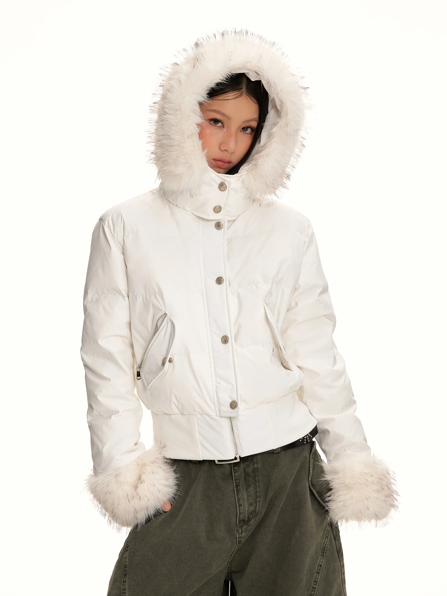 

НДС, американская ретро-с капюшоном, белая женская простая теплая утягивающая верхняя одежда с меховым воротником Du Down Jaet