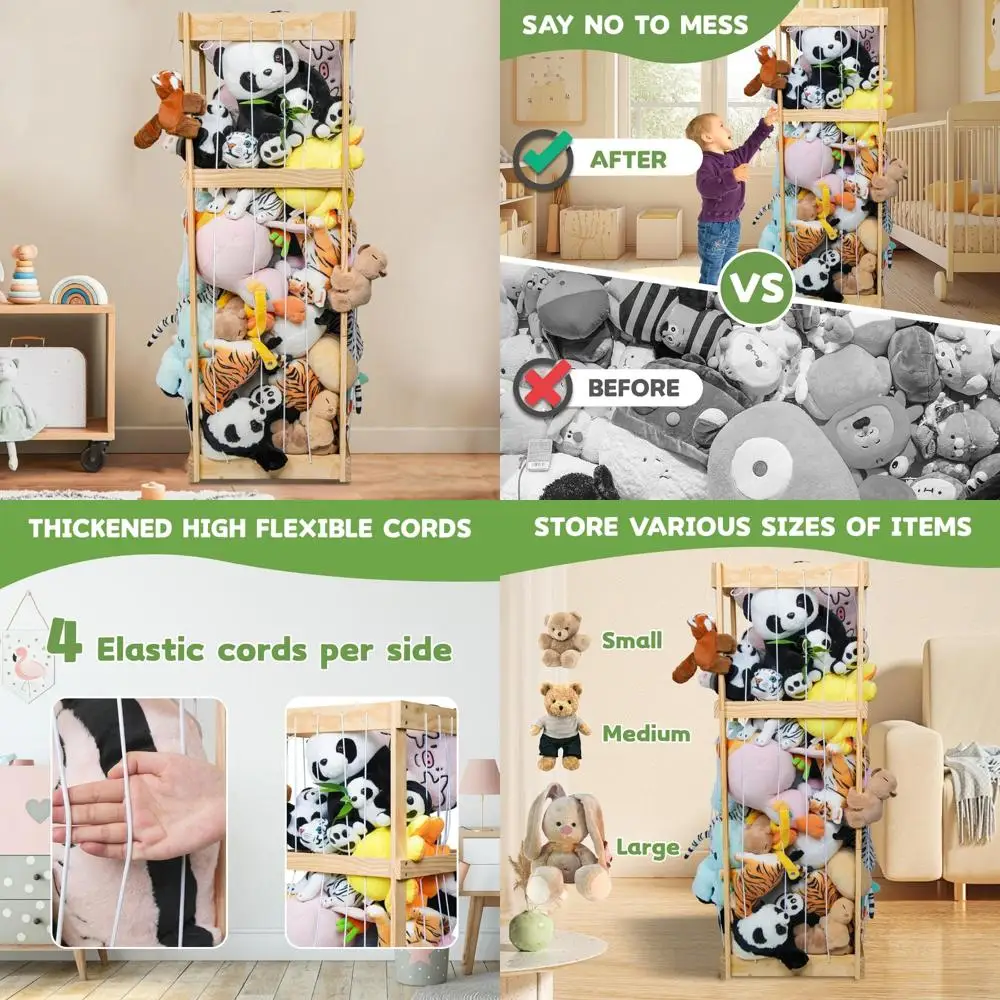 حل تخزين واسع للحيوانات المحشوة والألعاب القطيفة للأطفال: منظم خشبي لغرفة اللعب