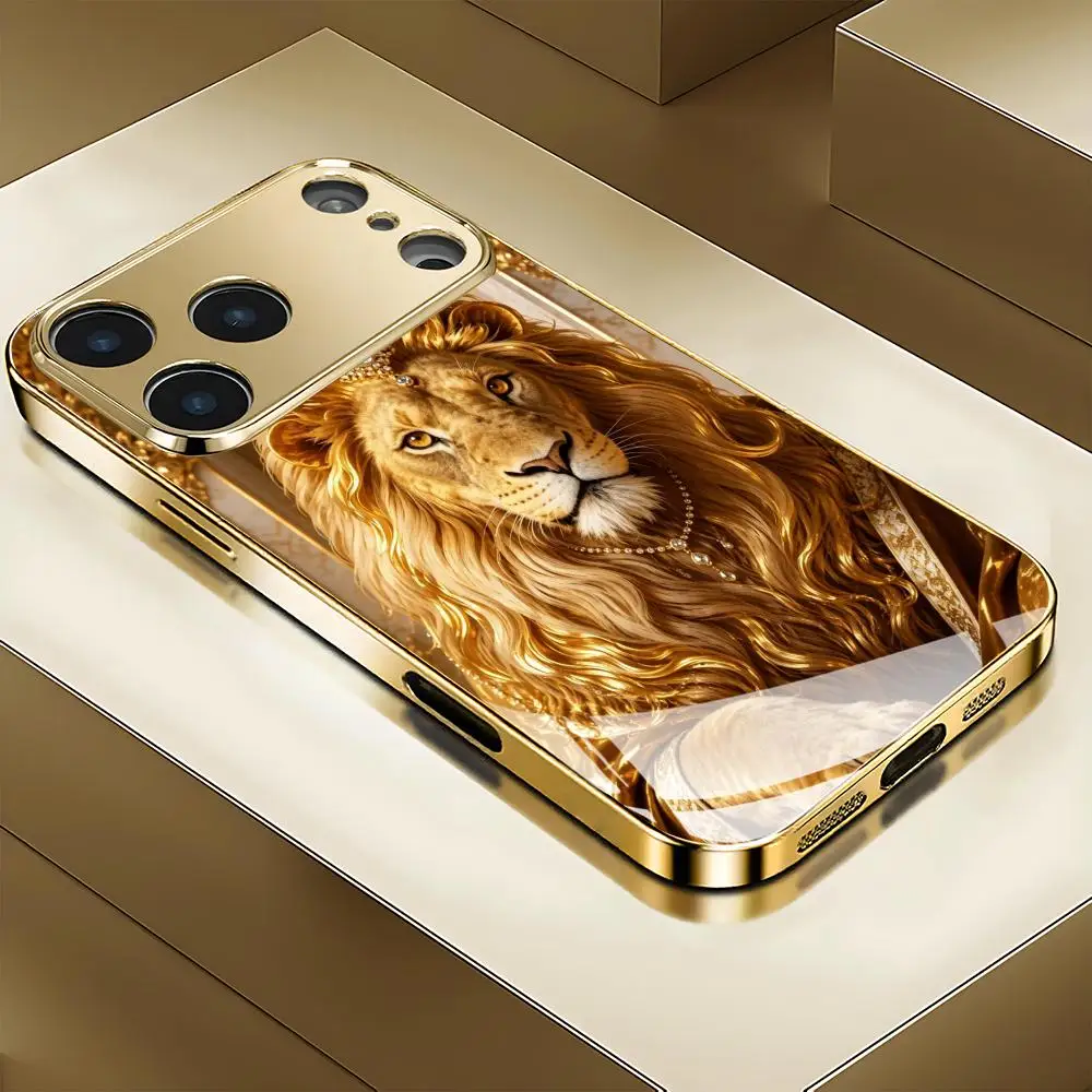 Gold Lion Handyhülle Anti-Splitter-Glas Schutzhülle für iPhone 16 Pro Max 15 Pro 17 15 14 Schützende Smartphone-Rückenschale