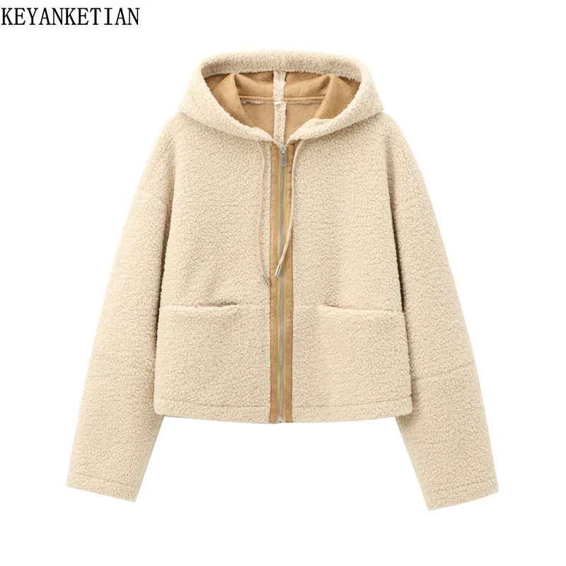 

KEYANKETIAN Winter New Women's Fleece Hooded Jacket Leisure style Zipper Oversize Loose Double Pockets Cropped Greatcoat Blazer
