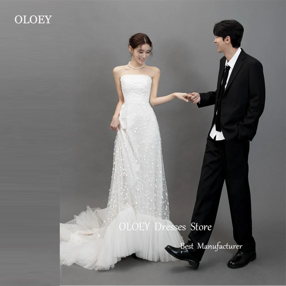 

OLOEY Elegant Dotted Tulle A Line Wedding Dresses Strapless Tiered Photoshoot Sweep Train Bridal Gowns Custom Made Vestidos