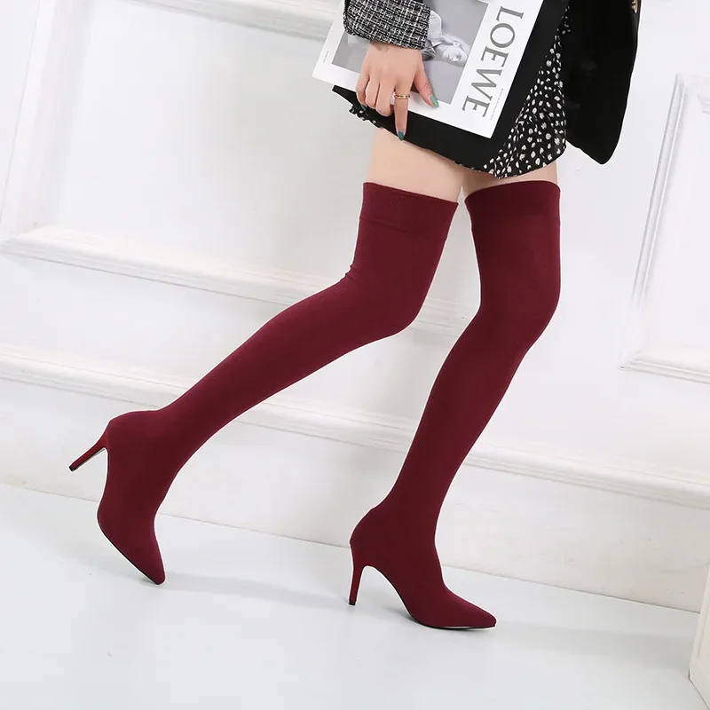 Autumn Winter Cozy Thigh High Sock Boots Women Black Stretch Fabric Pointed Toe Thin High Heel Over The Knee Slip on Botas Shoes