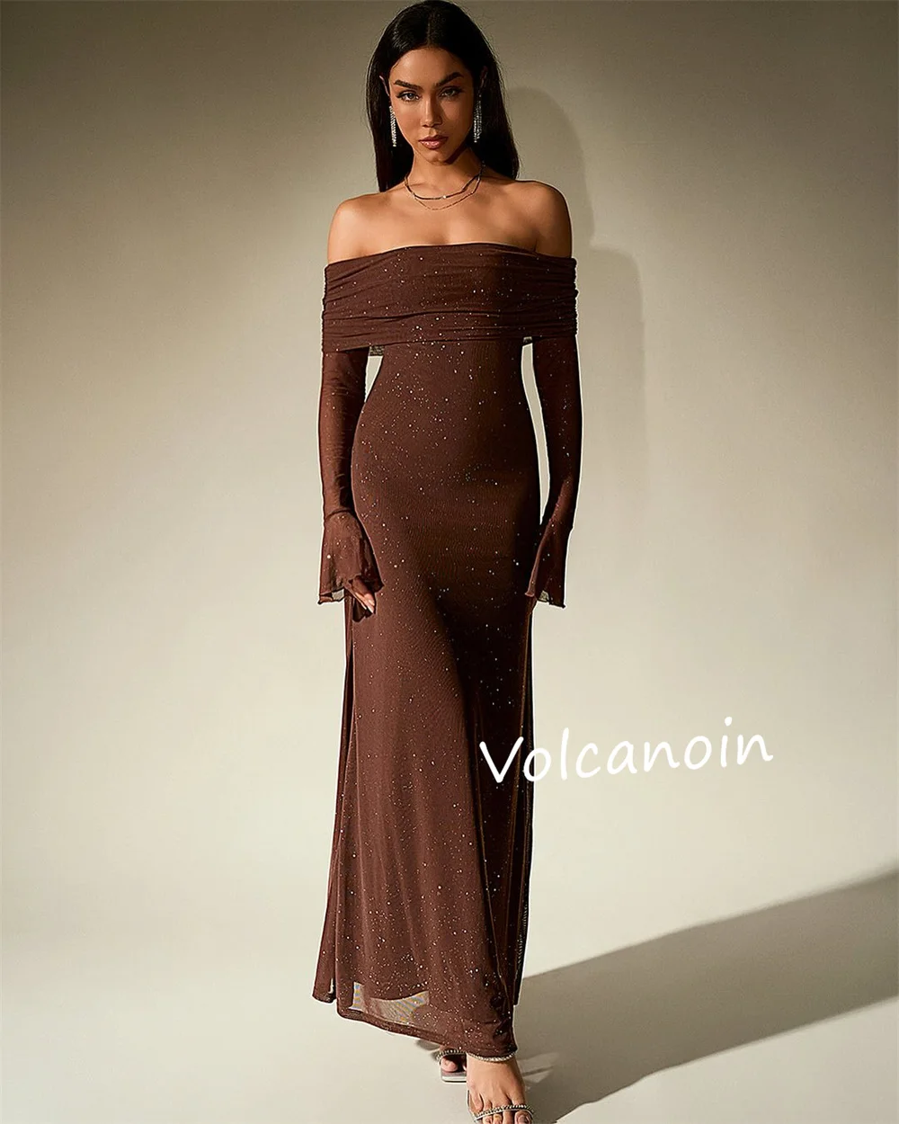 Customized Sequined Pleat A-line Off-the-shoulder Midi Dresses Bespoke Occasion Evening Party Elegant Simple Sparkle