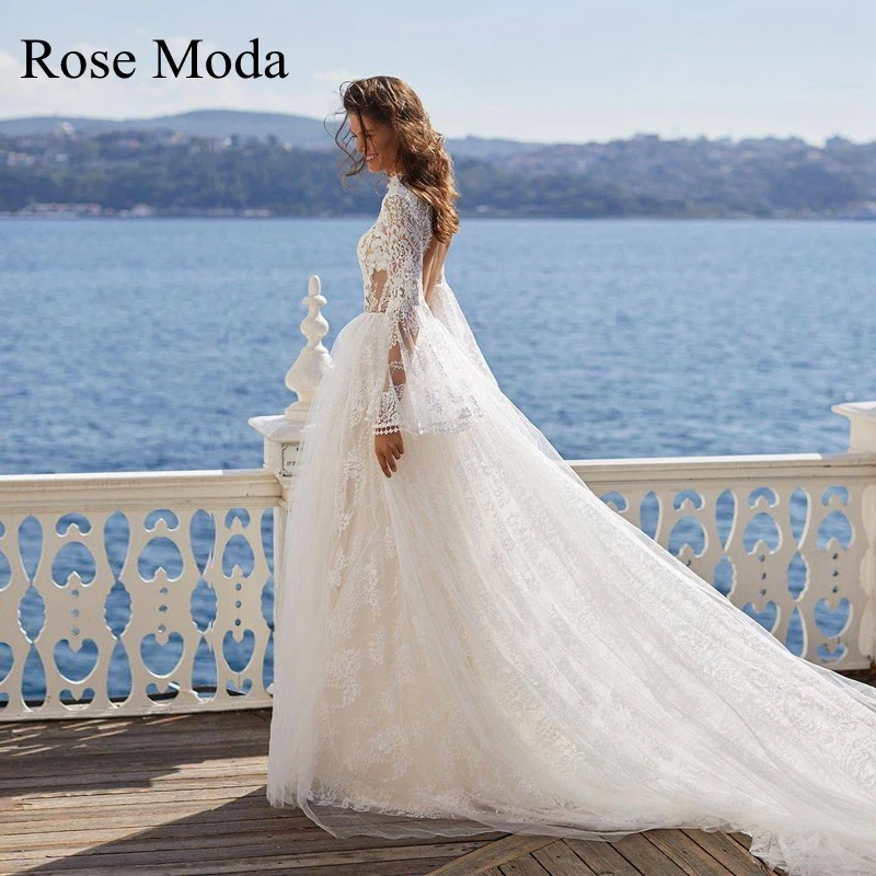

Rose Moda Princess High Neck Long Flare Sleeves Chantilly Lace Wedding Dress with Open Back Custom Make