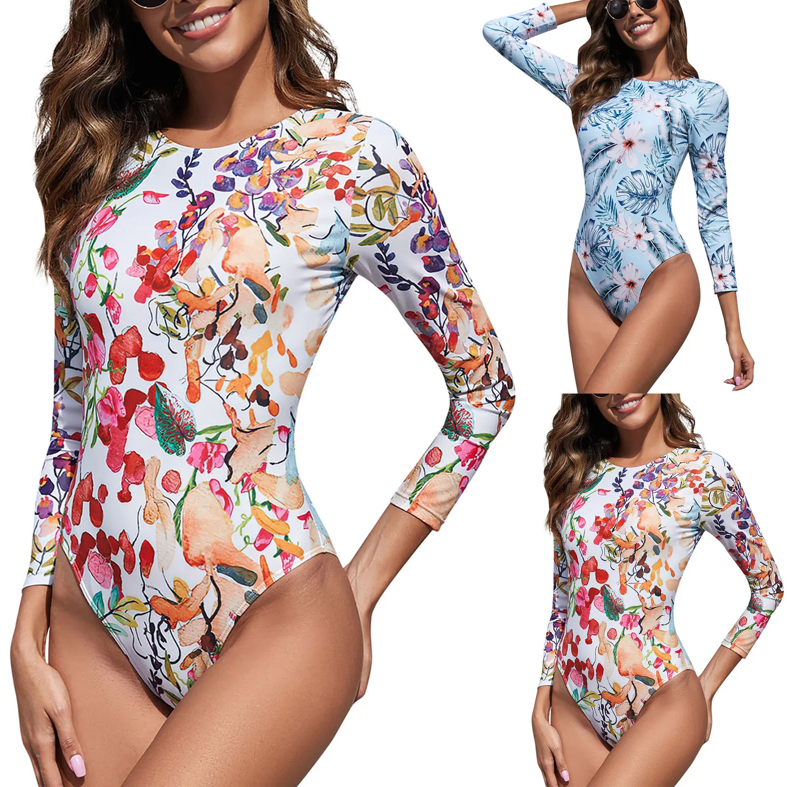 Women Surfing Swimsuit Flower Print Skinny One Piece Breathable Soft Swimwear Long Sleeves Round Collar Swimming Playsuit