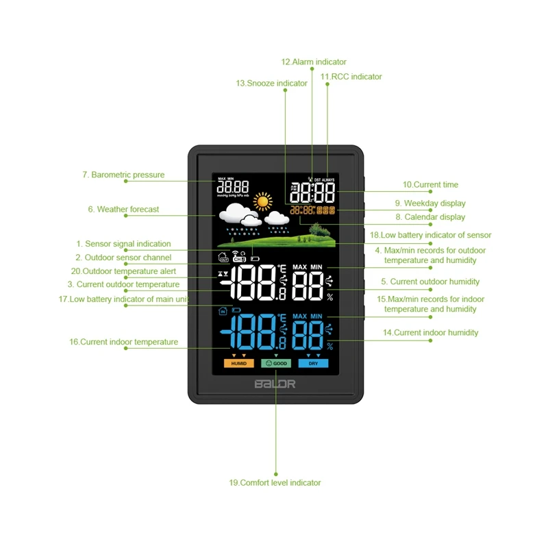 Baldr -40℃~60℃ Weather Forecast Digital Temperature Humidity Instruments Meter Barometer Snooze Alarm Wireless Weather Station