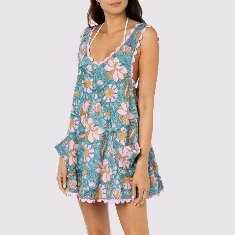 Robe d'été transparente à imprimé Floral coloré pour femmes, sans manches, dos nu, col en V, robes de plage et de vacances pour femmes, Mini robe Boho