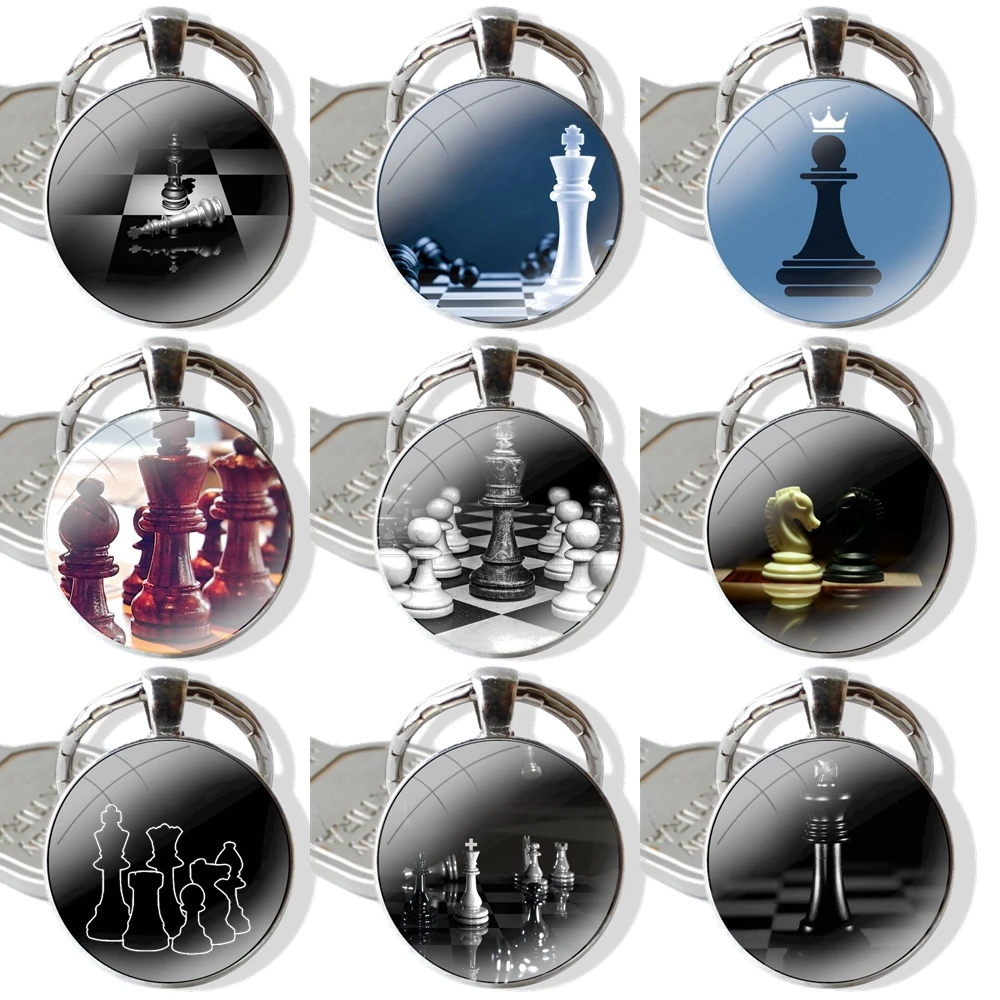 black white chess Keychain Glass Cabochon Metal Pendant Classic Men's Women's Keyring