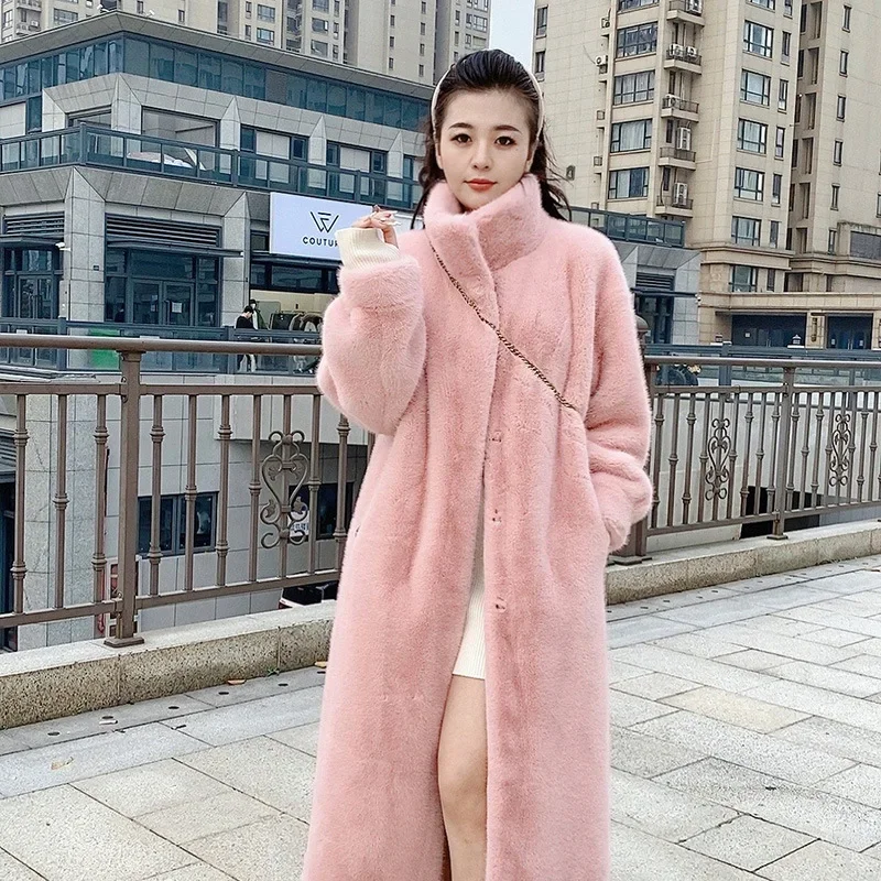 

Korean Women Solid Full Sleeve Faux Fur Coat Stand Collar Casual Slim Fit Regular Thick Coats Splice Autumn Winter 2023