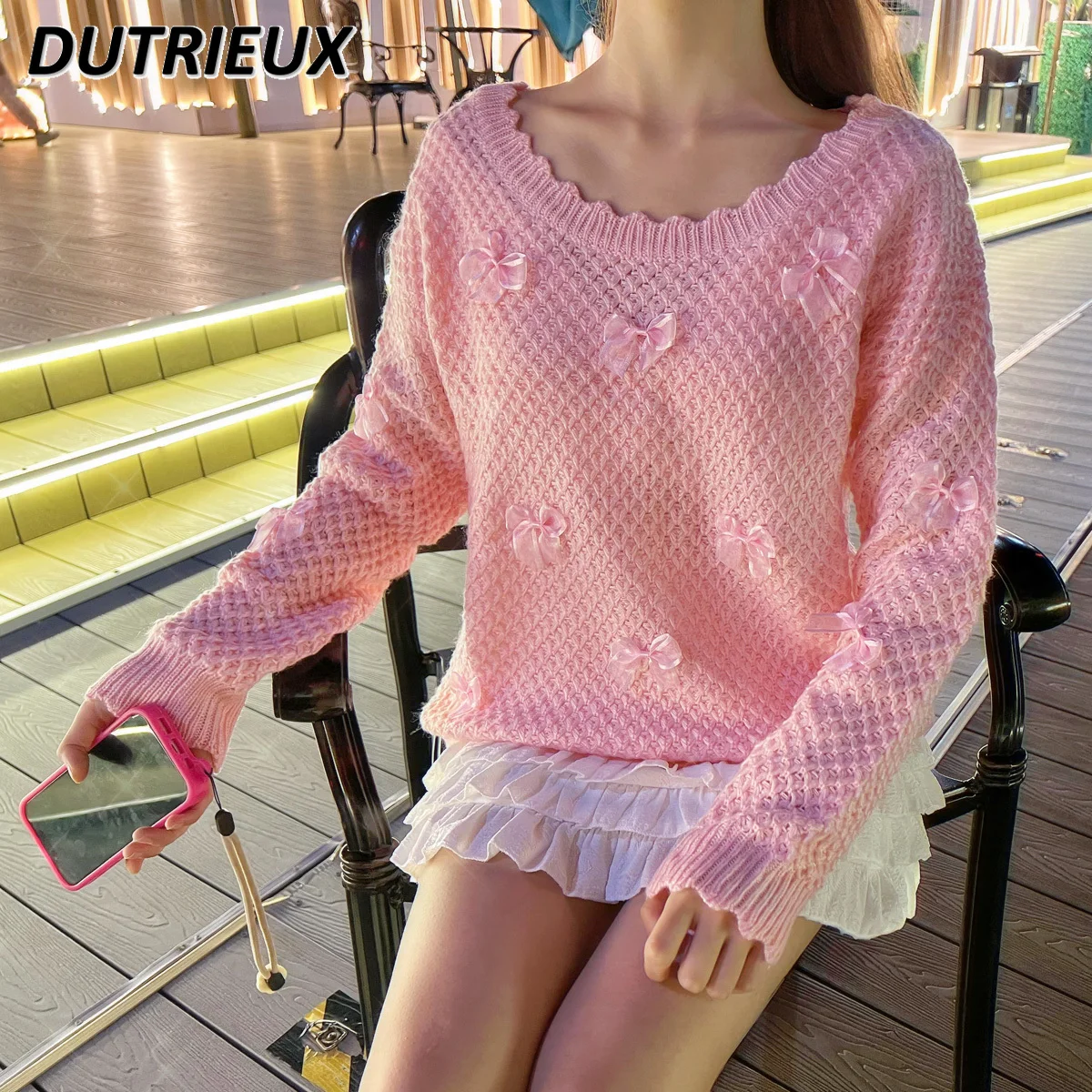 Einfarbiger Strick pullover 2023 Herbst und Winter neue Strickwaren Top süße süße weiche Mädchen Bogen Langarm Pullover Pullover Frauen