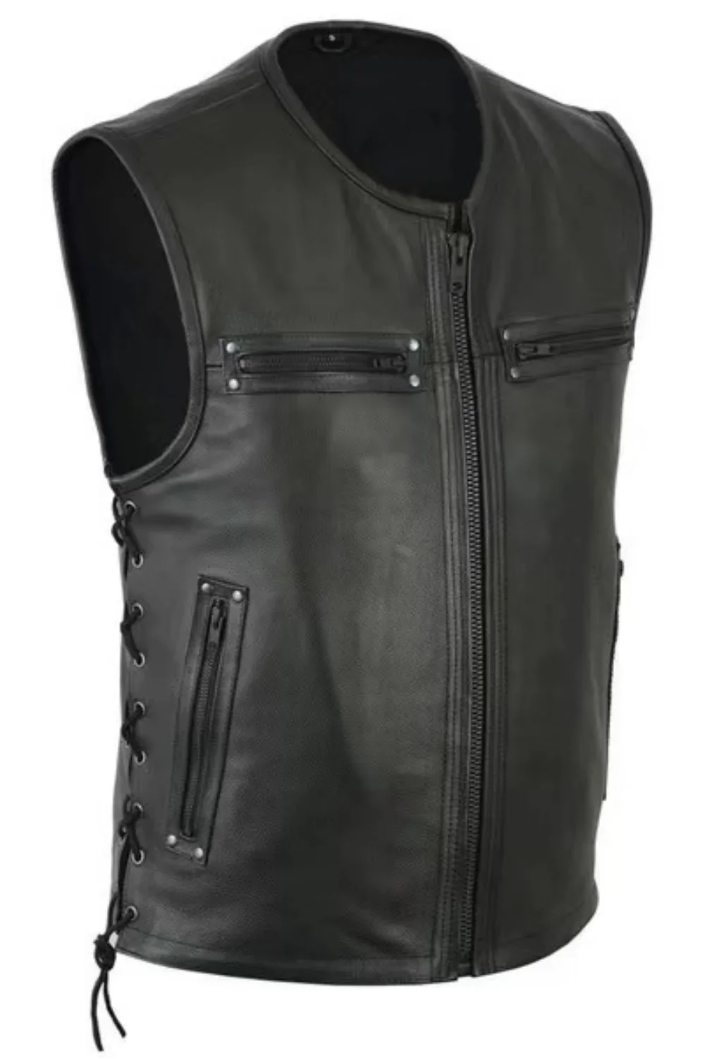 2023 New Solid Color Mens Vest Motorcycle Standing Collar PU Leather Vest Jackets Team Punk Sleeve Tops Male Large Size 5XL