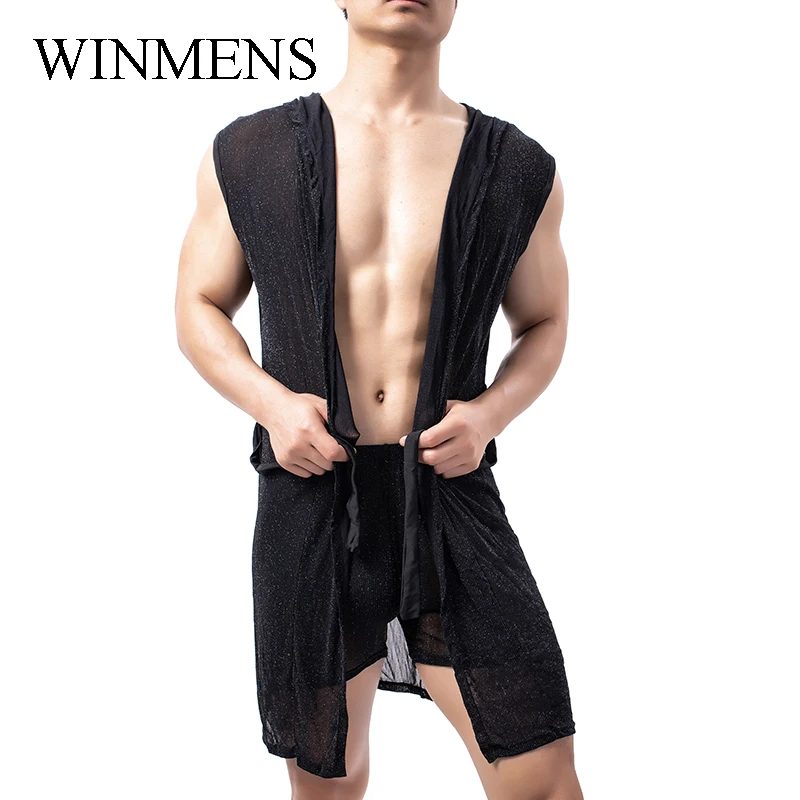 Adult Men\'s Pajamas One Piece Solid Sequins Male Sexy See Through Hooded Bathrobe Mesh Breathable Night Gowns Summer Sleepwear