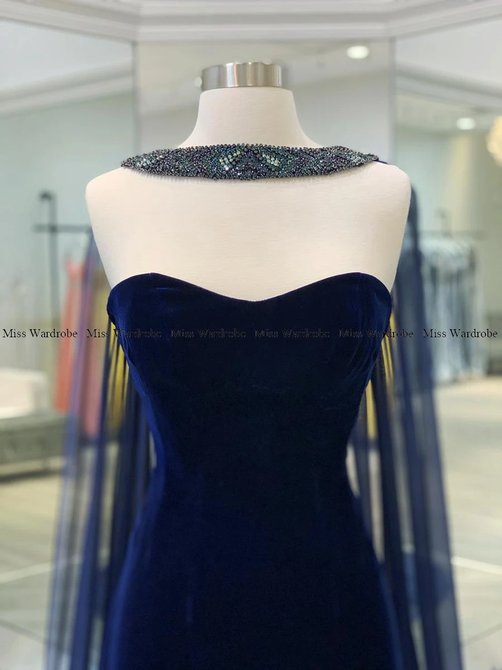 Navy Blue Evening Dress Velvet Sweetheart Mermaid Prom Party Gown Luxury Beaded With Cloak Formal Banquet Celebrity Dress 2024