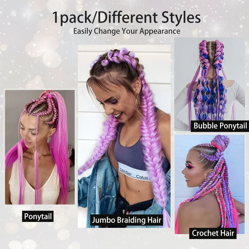 LUPU Synthetic Ponytail Extension with Elastic Tie Hair Band 26" Long Straight Colored Braiding Ponytail Ombre Pink Purple Blue