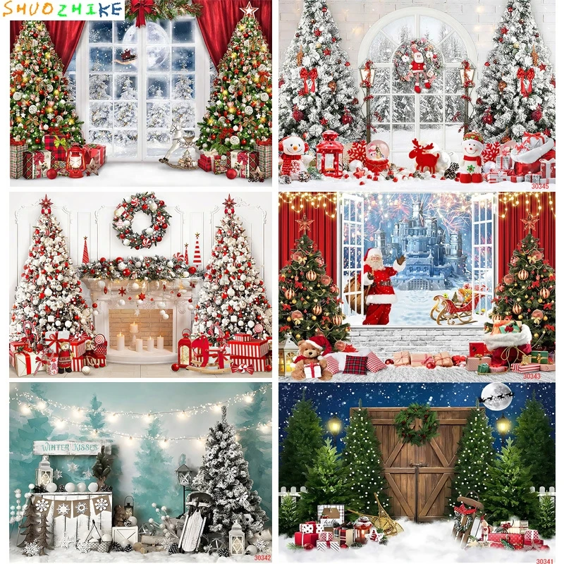 SHUOZHIKE Christmas Tree Window Candy Photography Backdrop Wooden Doors Snowman Cinema Pine New Year Background Prop LPR-41
