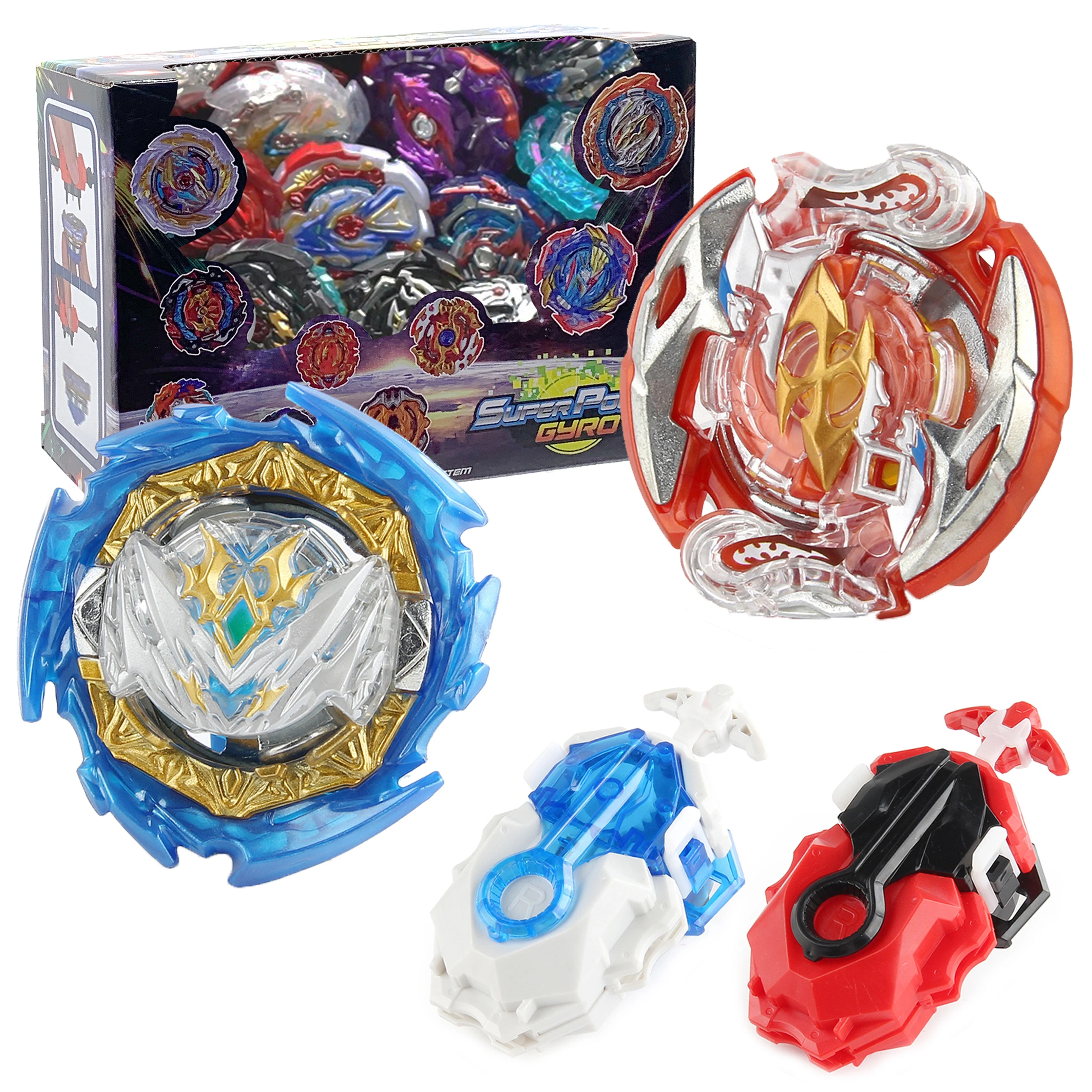 Competitive Battling Spinning Gyro Pack, Metal Tip Spinning Tops + 2pcs Launchers, Collectible Game Set