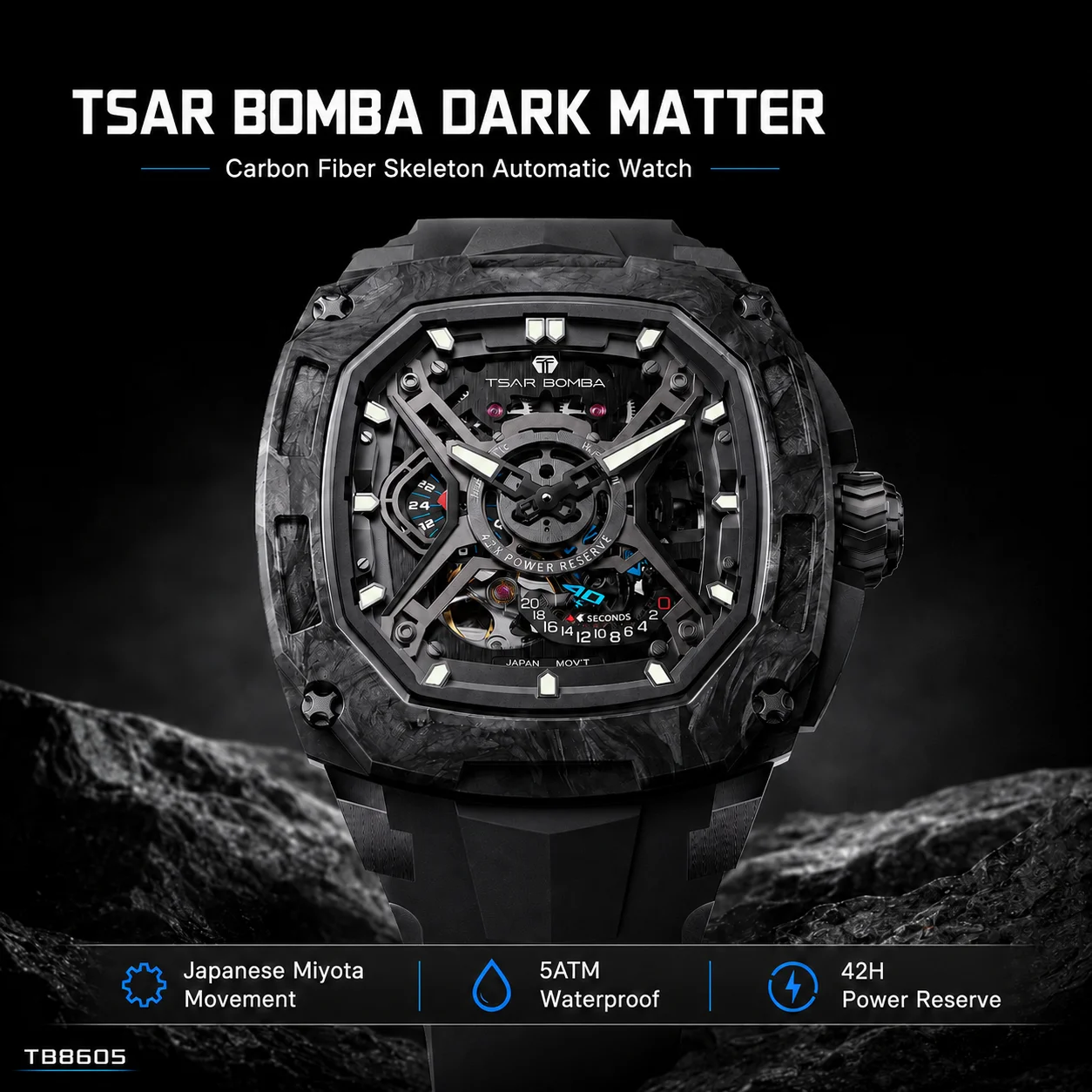 TSAR BOMBA Luxury Men Mechanical Watch Miyota Movement 316L Steel Carbon Fiber Sapphire 50M Waterproof Skeleton Luminous