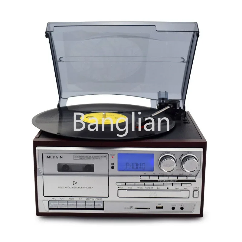 Adjustable vinyl record player with turntable CD and cassette, multifunctional vintage phonograph, 3-speed, FM/AM radio