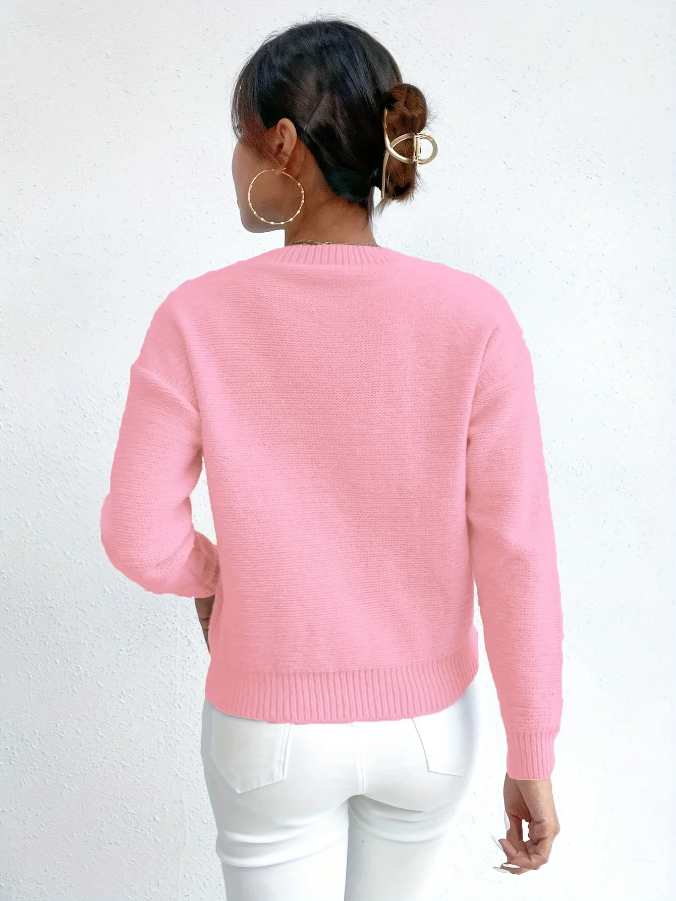 여성용 가을 겨울 캐주얼 데일리 심플 단색 루즈 숄더 케이블 니트 풀오버 스웨터