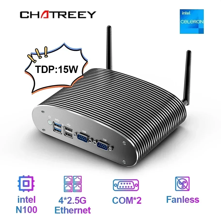 Chatreey Fanless Industrial Mini PC intel N100 Win 11 pro Desktop Computer MR02  with 4*Intel LAN i225, 2 COM, 3 USB for Linux