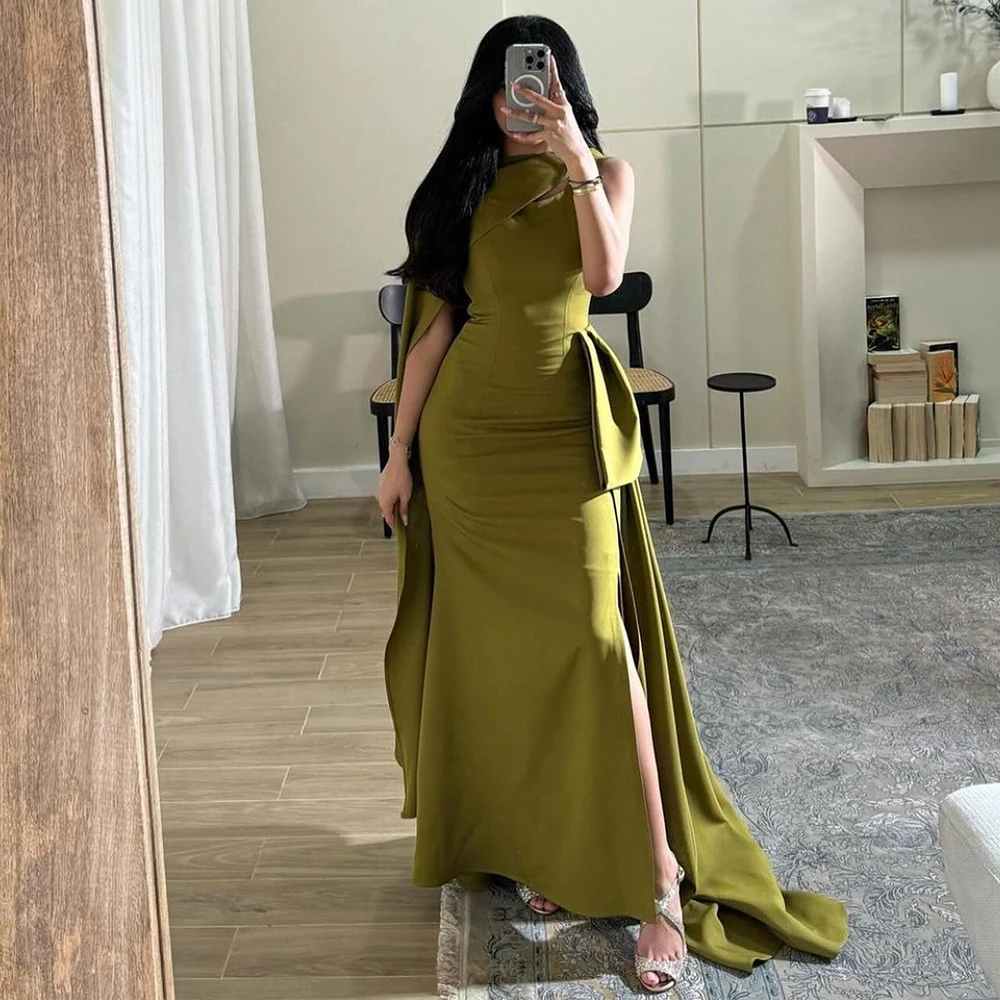 

Straight Ankle Length Sleeveless Jersey One Shoulder Solid Color Pleats Panel Train Saudi Arabia Evening Gowns Fashion Classic