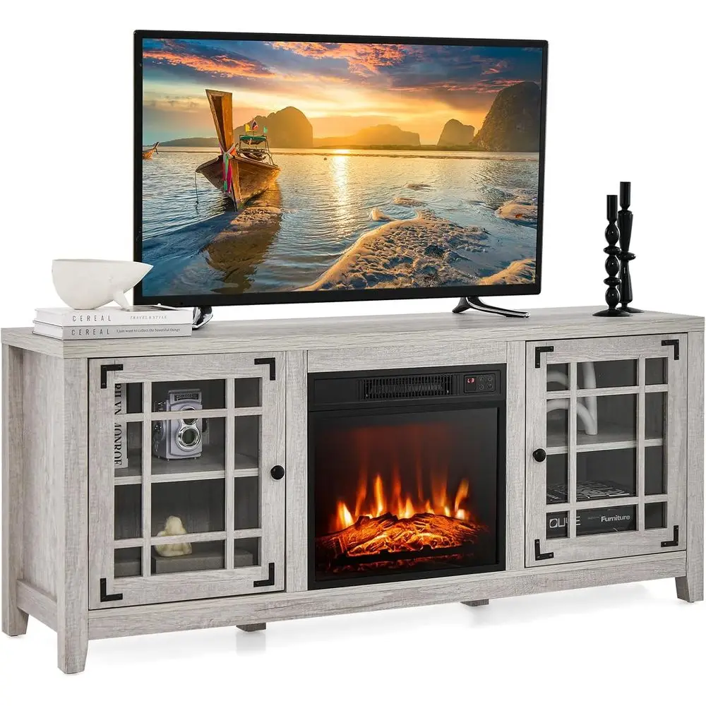 

65 Inches TV Stand, 58 TV Console with 1400W Electric Fireplace, Adjustable Shelves, Remote Control, 3-Level Flame Brightness, f