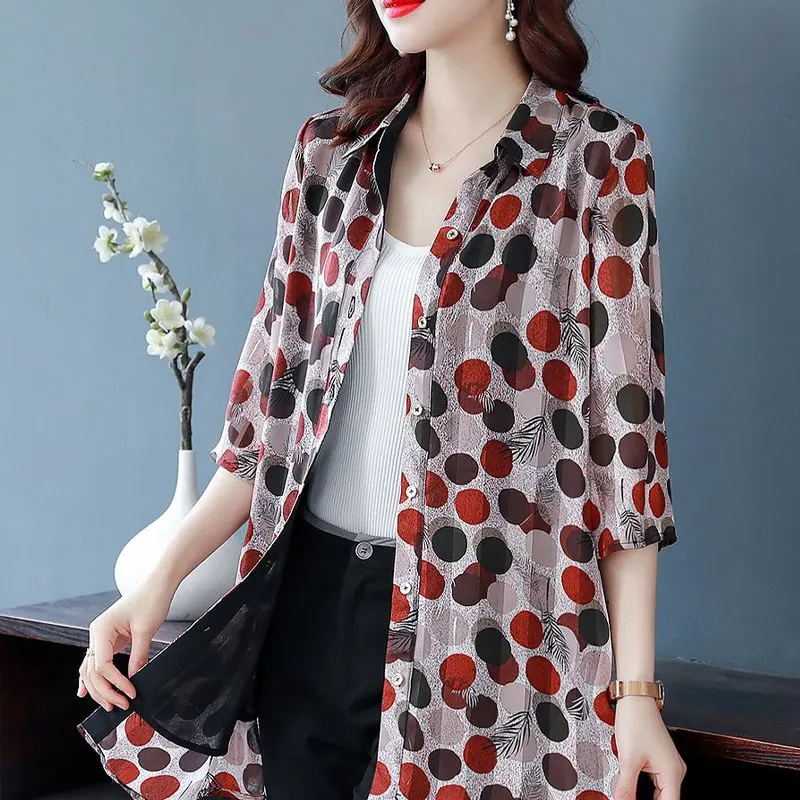 Office Lady Stylish Polka Dot Printed Shirt Casual Half Sleeve Women\'s Clothing Single-breasted Summer Korean Loose Midi Blouse