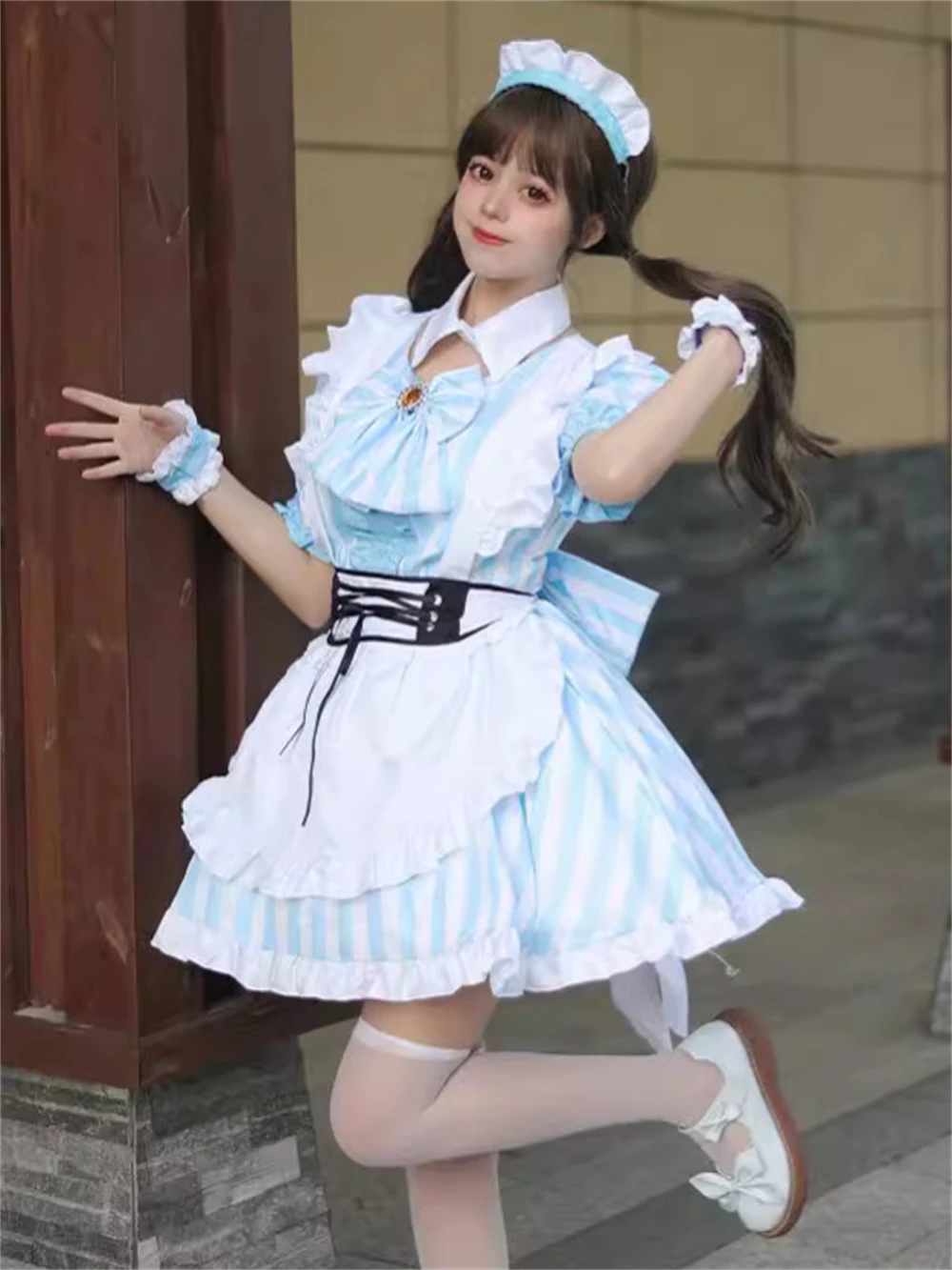 Japanse Stijl Lieve Blauw Wit Gestreepte Meidenjurk Cosplay Anime Dienstmaagd Uniform Outfits Meisje Kawaii Lolita Serveerster Kostuum