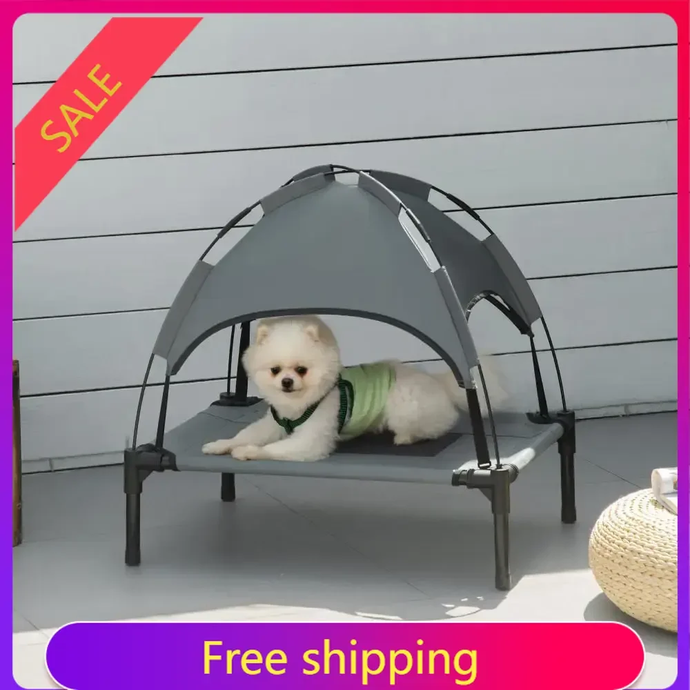 Elevated Dog Bed with UV Protection Canopy Shade, Portable Cot Style Pet Bed for Medium Dogs, Gray Metal Frame