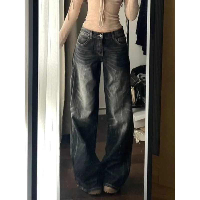Women's Black Denim Pants Low Rise 2025 Autumn Winter Y2K Baggy Jean Japanese Dark Academia Cowboy Harajuku Grunge Stacked Jeans